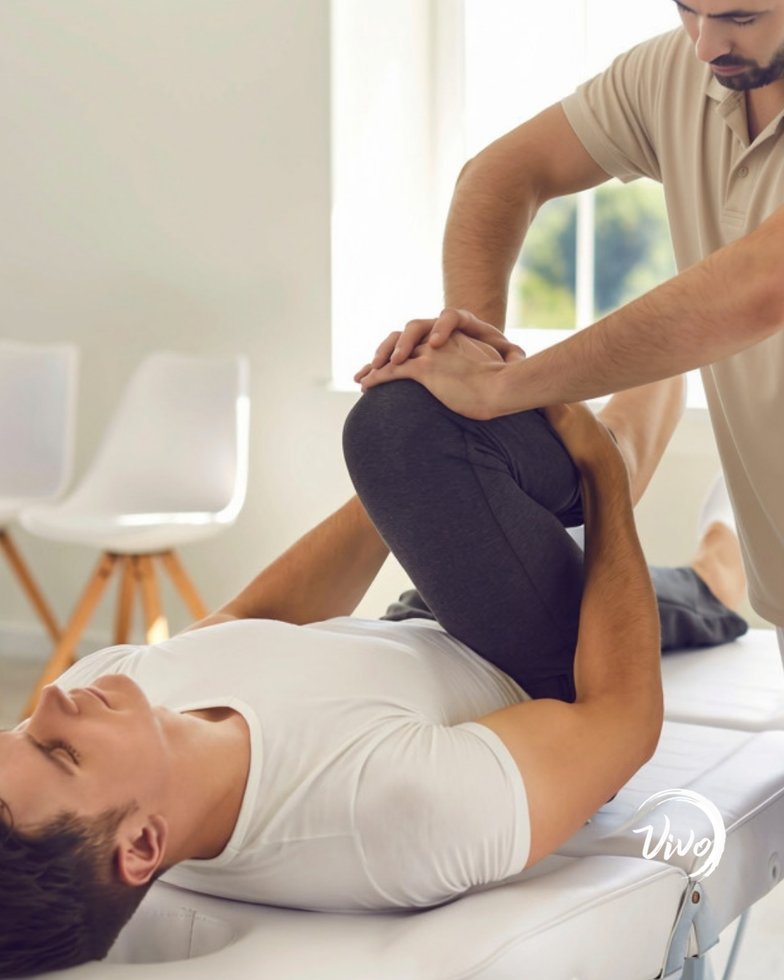Readaptación al esfuerzo tras una lesión: fisioterapeuta trabajando la movilidad de cadera y rodilla de un paciente en Vivo Fisioterapia Chamberí